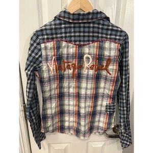 Vintage Rebel Ranch Wear Patchwork Plaid Western Pearl Snap Shirt Womens Small